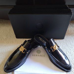 NEW Authentic Versace Black Leather Mules Sandals La Medusa Loafers